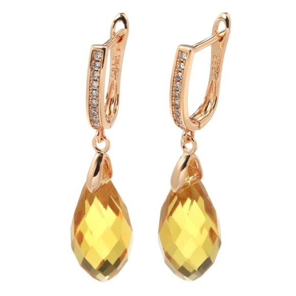 Rose Gold Plated Shiny Drop Yellow Zirconia Earrings - Picture 5 of 6